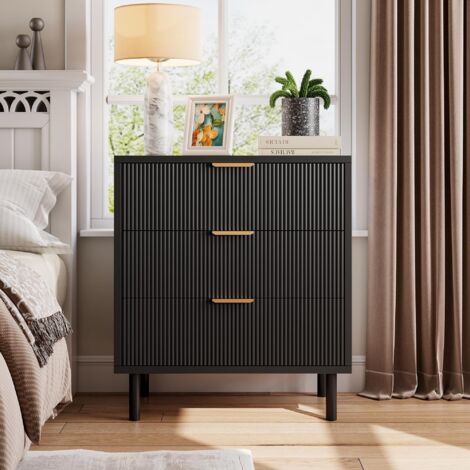 Commode moderne 3 tiroirs, façade cannelée ondulée, meuble d'Entrée 70x40x76 cm, pieds métalliques, système anti-basculement - noir