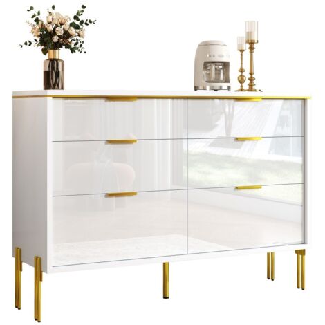 Commode-moderne-6 tiroirs-blanc et or-facades brillantes-grand rangement-120x40x85,5cm