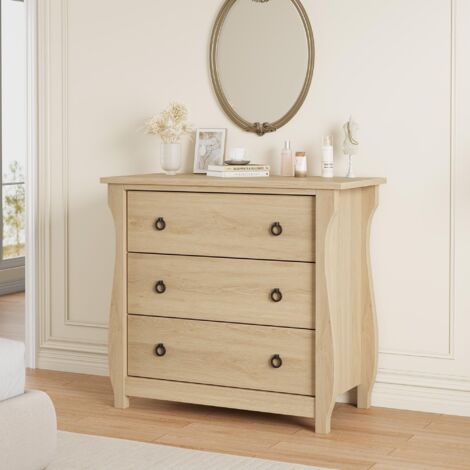 Commode moderne à 3 tiroirs, poignées anneaux en métal, 40 x 76 x 74 cm, chêne naturel