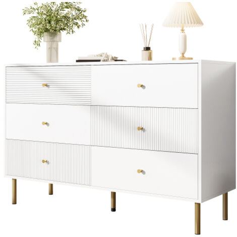 Commode moderne à 6 tiroirs — Meuble de rangement blanc avec poignées en alliage de zinc et pieds en acier — Unité de rangement en MDF, idéale pour la chambre, le salon ou l'entrée.