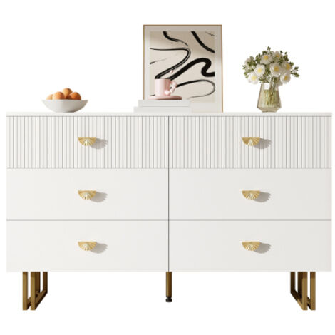 Commode moderne à 6 tiroirs — Meuble de rangement blanc avec poignées en alliage de zinc et pieds en acier — Unité de rangement en MDF, idéale pour la chambre, le salon ou l'entrée.