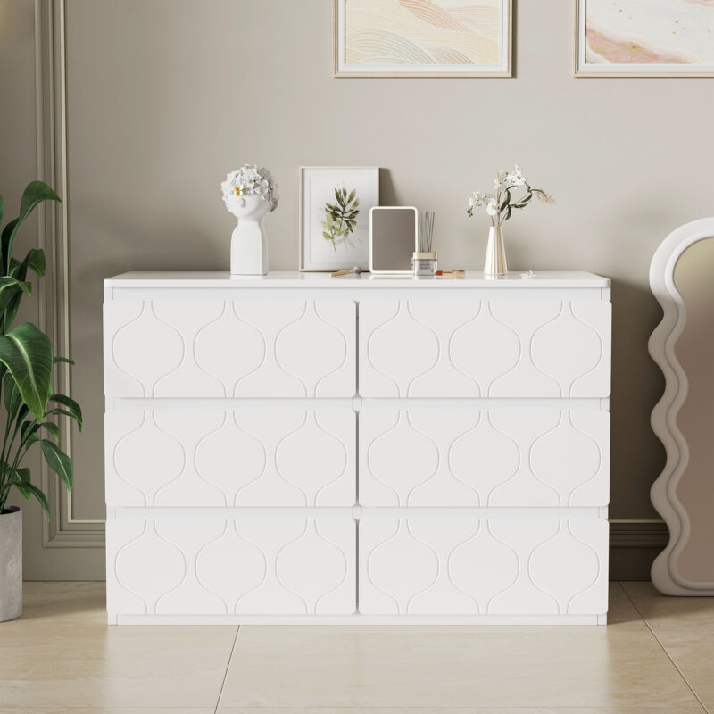 Commode moderne à motif ondulé - avec 6 tiroirs - façades laquées - Blanc