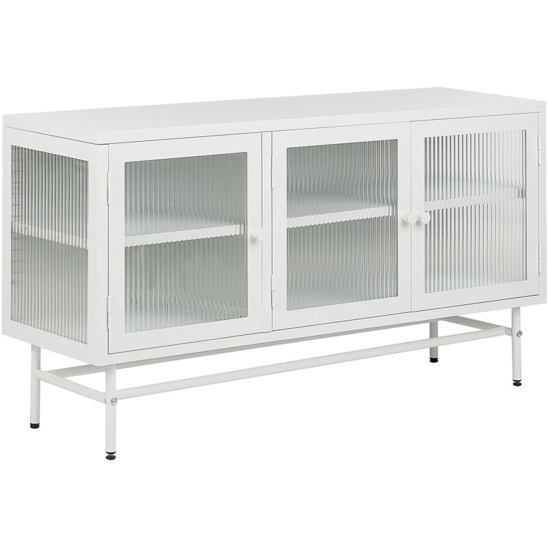 Commode Moderne Acier Verre Cannelé 3 Portes Étagères Réglables Blanc Devon