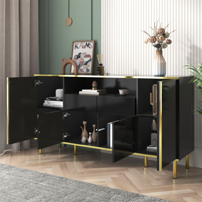 Buffet noir brillance, buffet salon, buffet led avec 2 tiroirs,150x40x80 cm