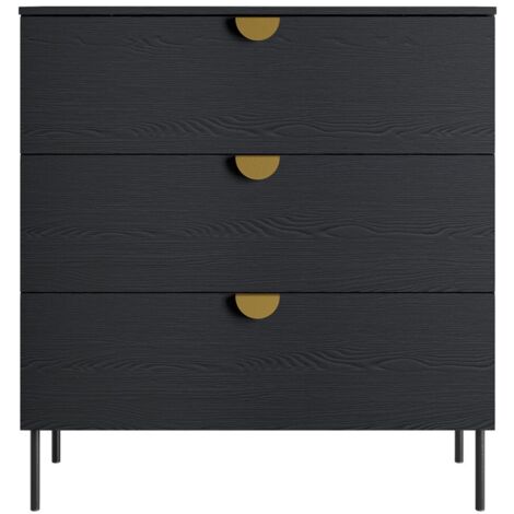 Commode MONDO – Noir structuré et doré – 3 tiroirs – Pieds métal – Design moderne et fonctionnel