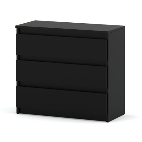 Commode noire 80 cm – 3 tiroirs avec coulisses à billes – Panneau stratifié – Finition brillante – Pour rangement salon ou chambre