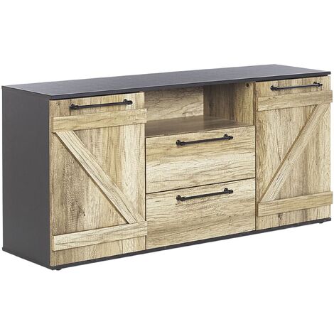 Commode Noire et Bois Clair avec 2 Portes et Tiroirs Spacieux Solution Rangement Idéale pour Salon ou Chambre au Style Rustique et Campagne Beliani - Bois clair
