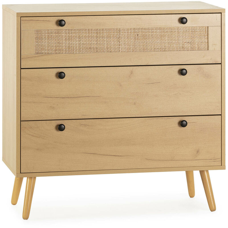 Vs Venta-stock - Commode Nuit Bella 3 Tiroirs Couleur Chêne avec Rotin Naturel