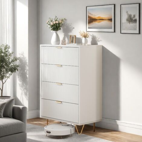 NMONET Commode Ondulée 60x34x91 cm, avec 4 Tiroirs de Rangement, Poignées et Pieds Métalliques, Meuble Design Moderne et Compact pour Salle, Chambre - Blanc