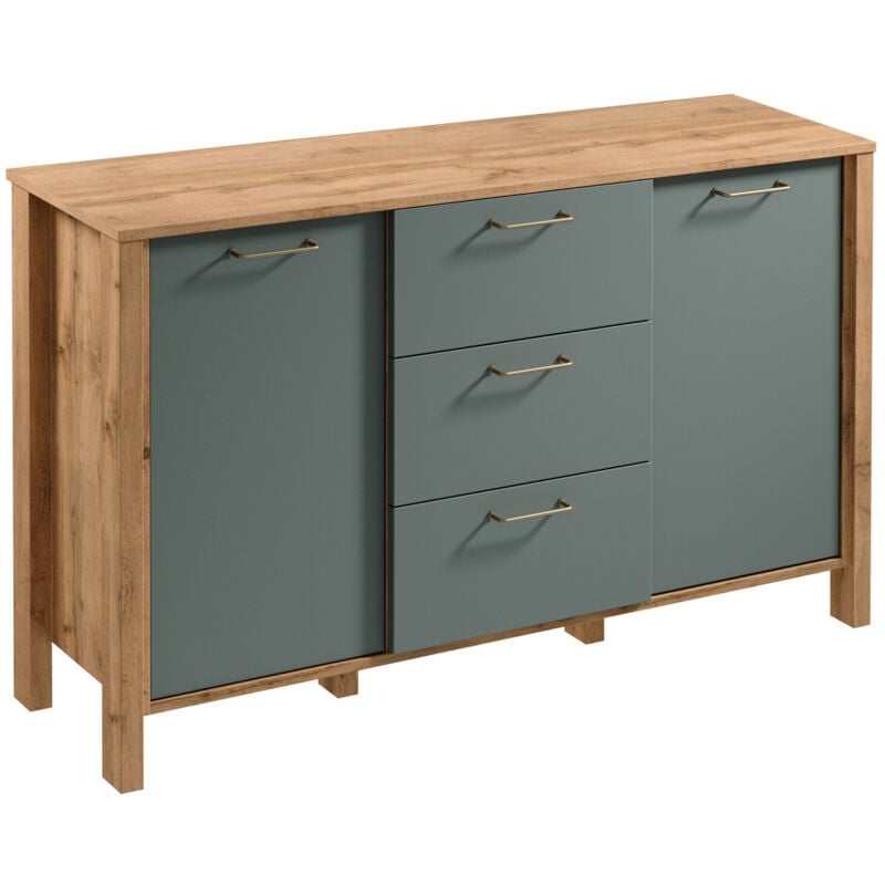 Commode Venmelu 101, Chêne wotan + Vert, Avec tiroirs et portes, Nombre de tiroirs: 0, 81x138x41cm