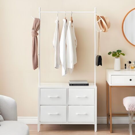 Commode penderie Multifonction avec 4 tiroirs en Tissu – Structure métallique Robuste, Dessus en Bois, Tringle à vêtements, Crochets latéraux – Rangement optimisé pour Chambre, entrée ou-40x80x168 cm