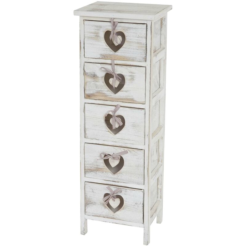 commode petit meuble de rangement 5 tiroirs avec motif coeurs 86x29x25cm en bois de paulownia style vintage blanc