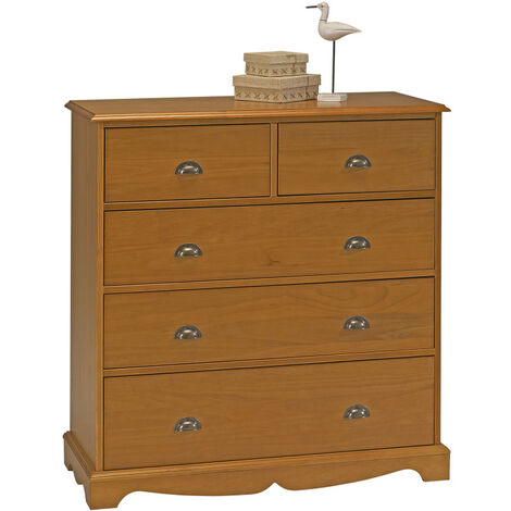 Commode Pin Miel de Style Anglais 5 Tiroirs L 96.2 H 97.4 P 42.5 cm