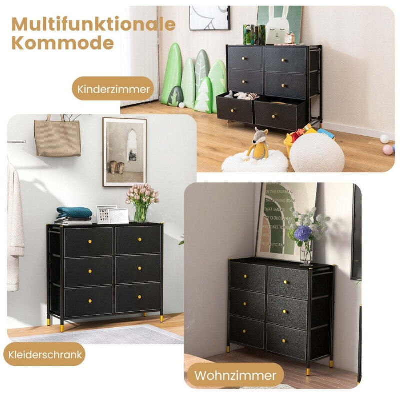 Commode pour chambre a coucher avec 6 tiroirs commode haute en tissu avec structure en metal 89 x 30 x 765 cm noir 8830