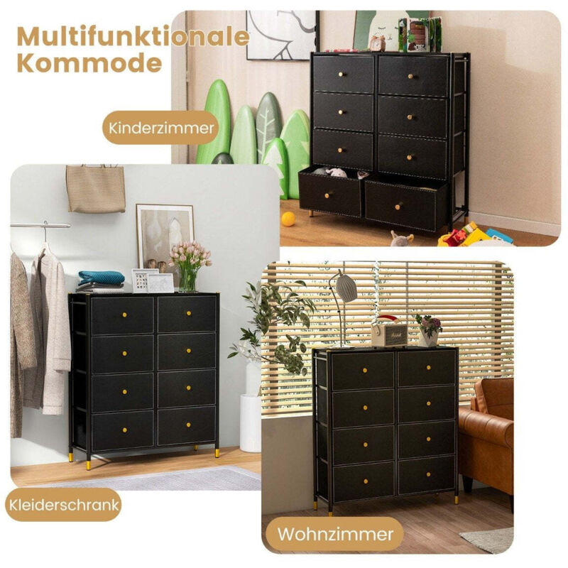 Northix - Commode pour chambre a coucher avec 8 tiroirs commode haute en tissu avec structure en metal 89 x 30 x 98 cm noir 88305