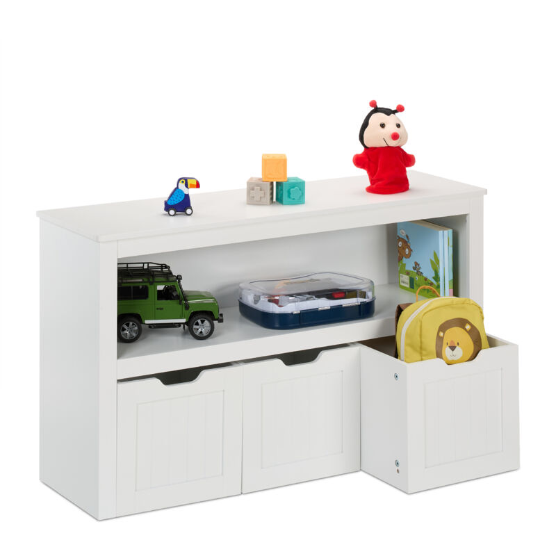 Relaxdays Rangement pour la chambre de votre enfant, 3 cases avec roulettes, H x L x P : 60 x 102 x 30 cm, blanc