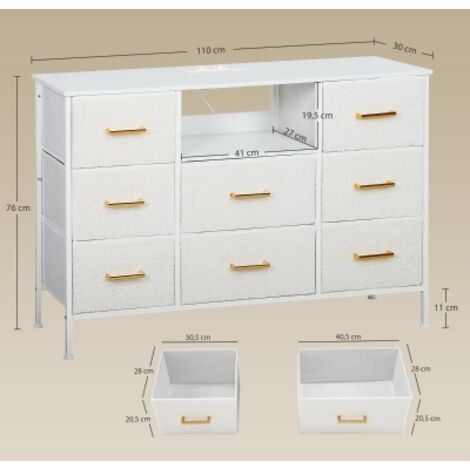 Commode rangement blanc crème 8 tiroirs tissu,cadre acier + multiprise,adaptée couloir,chambre,salon et bureau