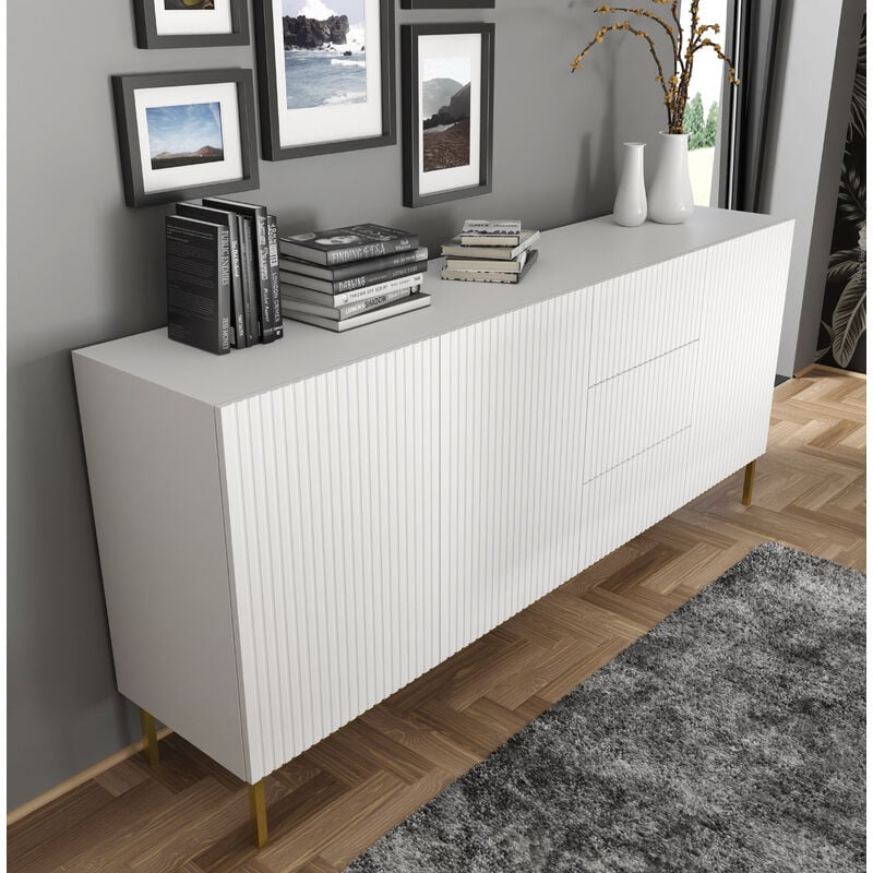 Bim forniture meuble tv de salon ravenna cm 200x42x87H blanc mat pieds or