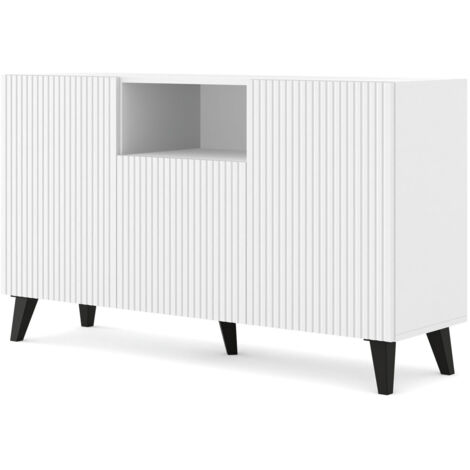 Commode Ravenna B 150 2D1DM Rainurée Blanc Mat, Pieds Noirs