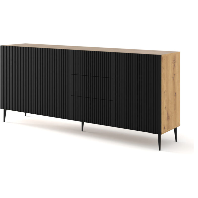 Bim Furniture - Commode ravenna b 200 cm 3D3S fraisé chêne artisanal / noir mat + pieds