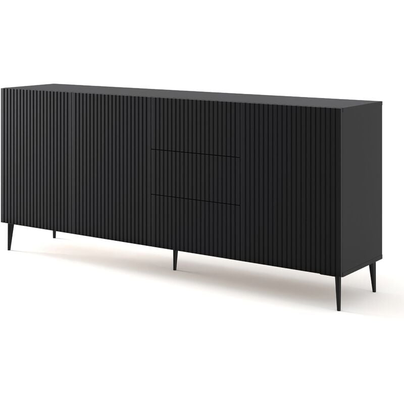 Commode ravenna b 200 cm 3D3S fraisé noir mat + pieds