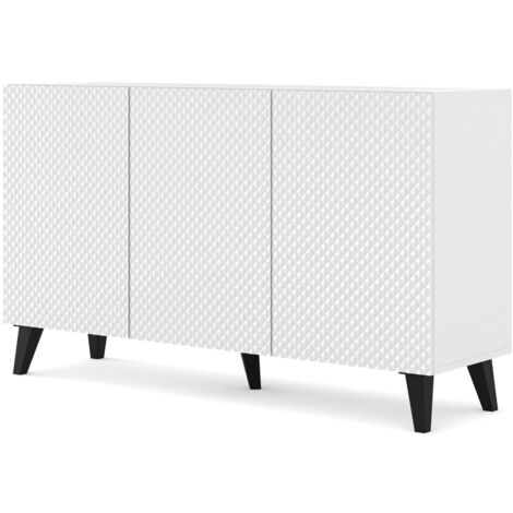 Commode Ravenna C 150 cm 3D fraisage blanc brillant pieds noirs
