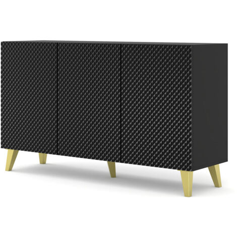 Commode Ravenna C 150 cm 3D Rainurée Noir Brillant, Pieds Dorés