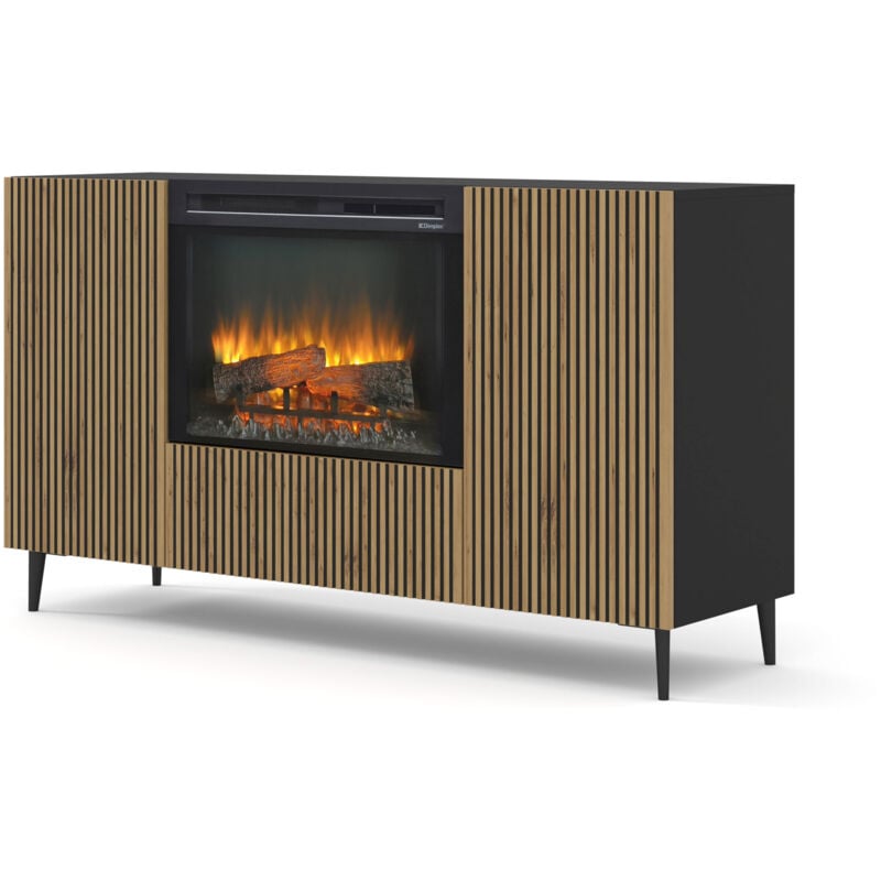 Bim Furniture - Commode ravenna f 147cm 2D1K cheminée noir / chêne artisanal électrique