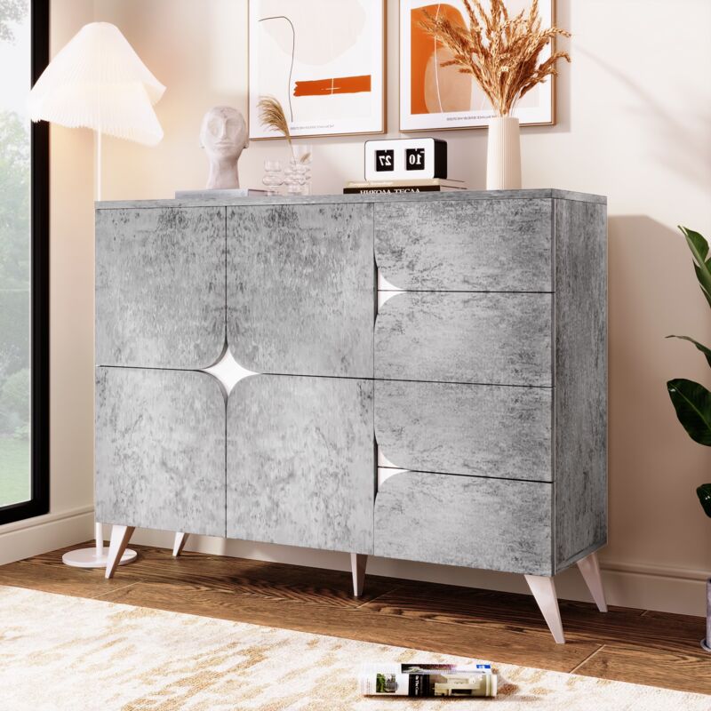Commode rectangulaire 120 cm, avec 4 portes, 4 tiroirs de rangement, L'extérieur en ciment, pieds en métal, esthétique moderne, meubles de salon en