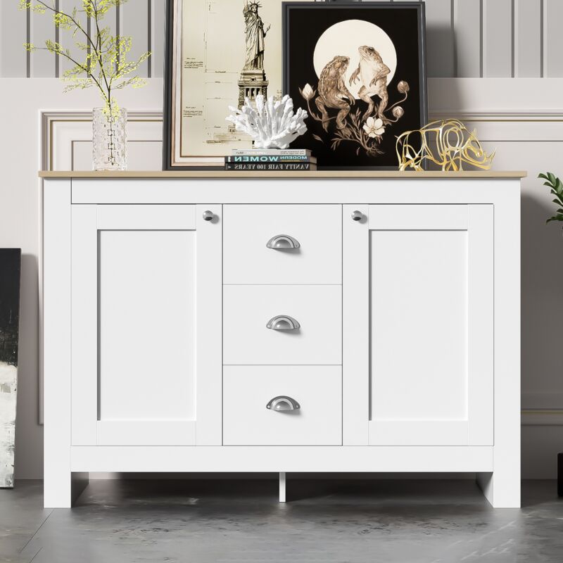 Commode, rectangulaire, avec 2 portes, 3 tiroirs de rangement, poignées argentées en métal, étagère réglable, meubles de salon en bois - Blanc