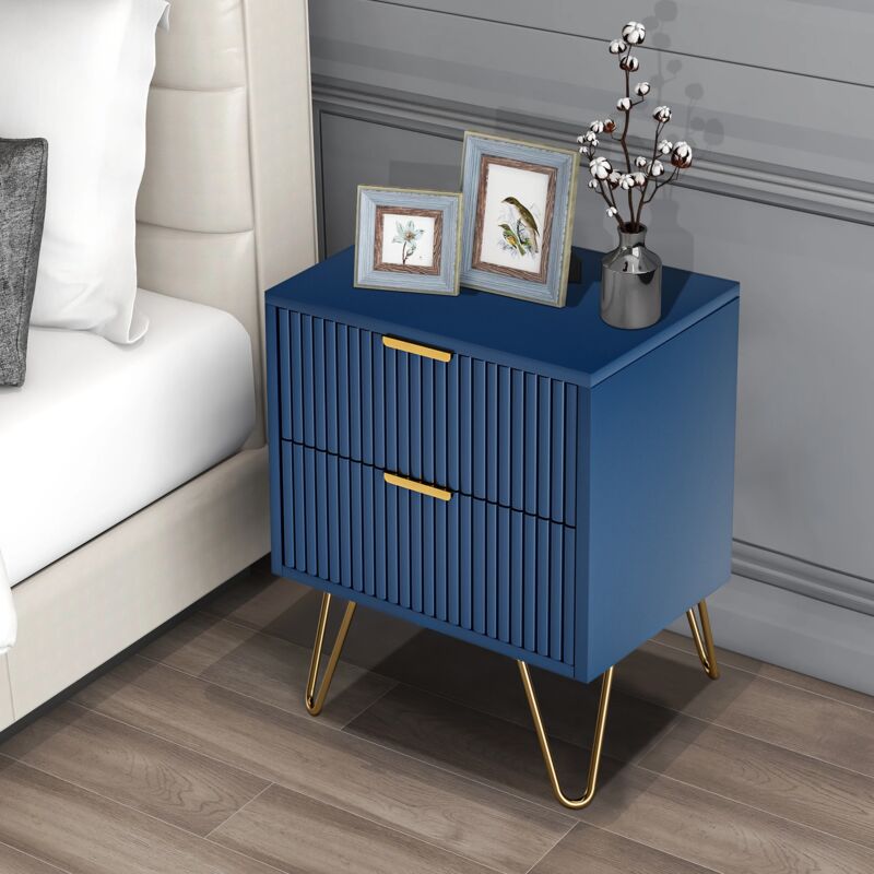Commode rectangulaire, avec 2 tiroirs de rangement, design à rayures, pieds en métal, esthétique moderne, meubles de salon en bois - Bleu