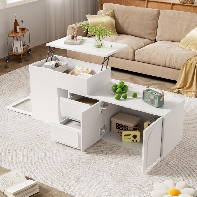 Commode, rectangulaire, avec led, 2 tiroirs de rangement, plateau réglable, étagères en verre, portes, meubles de salon en bois - Blanc