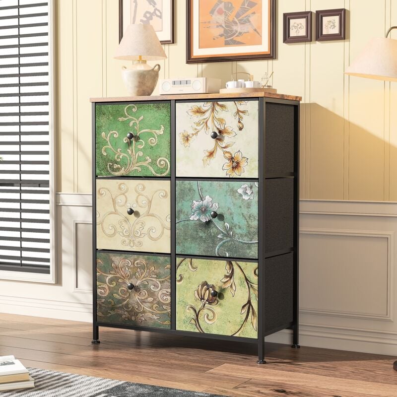 Commode, rectangulaire, bohème, avec 6 tiroirs de rangement, plateau en bois, Vintage, cadre en métal, meubles de salon en bois - Multicouleur