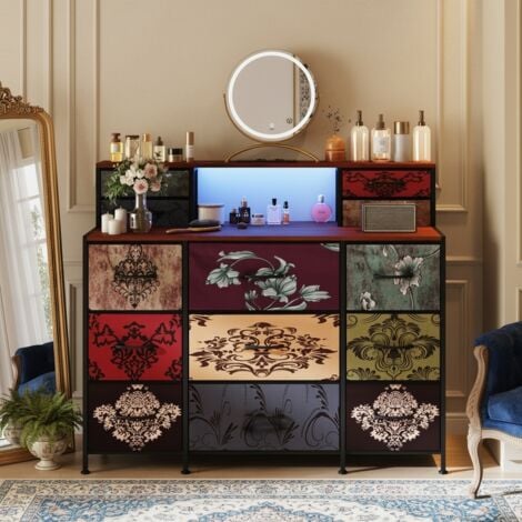 NMONET Commode rétro à motif floral, 120 cm, style vintage meuble pour salon avec 13 tiroirs en tissu, étagère ouverte de rangement, éclairage LED et port USB, meuble multifonction