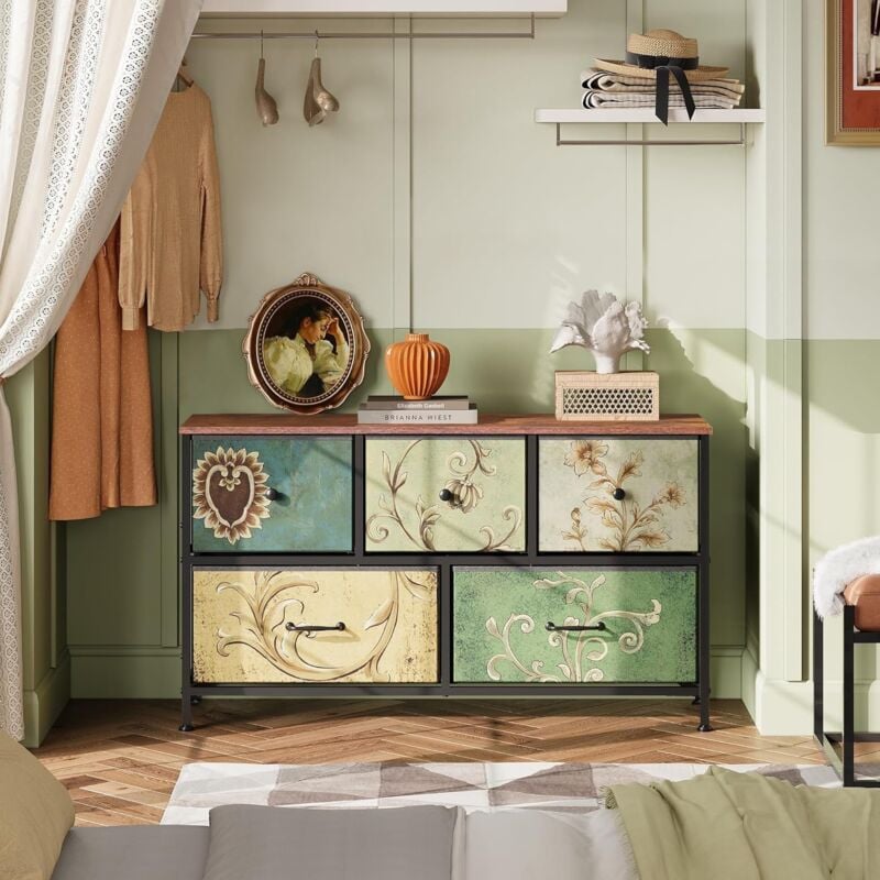 Commode rétro à motif floral 5 tiroirs, espace de rangement multifonctionnel, tiroirs en tissu, style rétro, adaptée au salon, chambre, entrée