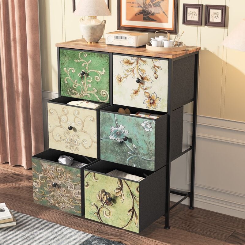 Commode rétro à motif floral 6 tiroirs, espace de rangement multifonctionnel, tiroirs en tissu, style rétro, adaptée au salon, chambre, entrée