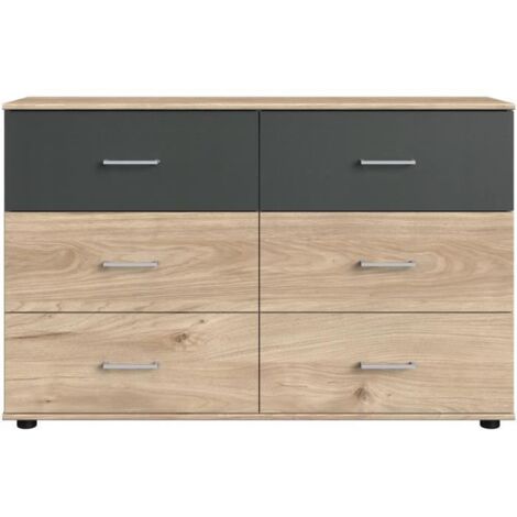 Commode - RHODES - 6 tiroirs - Chene Hickory et gris - 130 x 41 x 83 cm - WIMEX