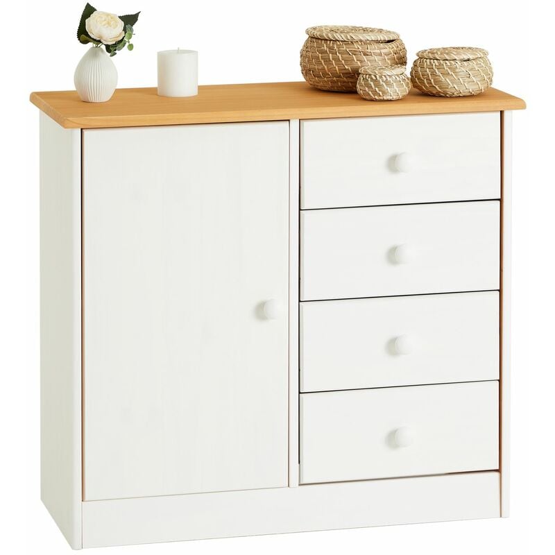 Commode rondo en pin massif, 4 tiroirs et 1 porte, lasuré blanc/brun