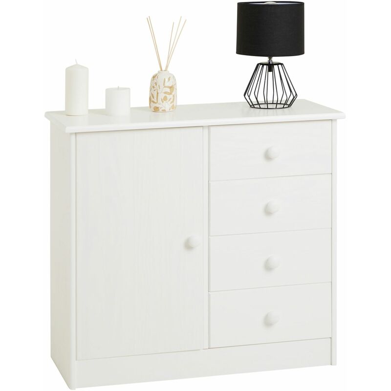 Idimex - Commode rondo en pin massif, 4 tiroirs et 1 porte, lasuré blanc