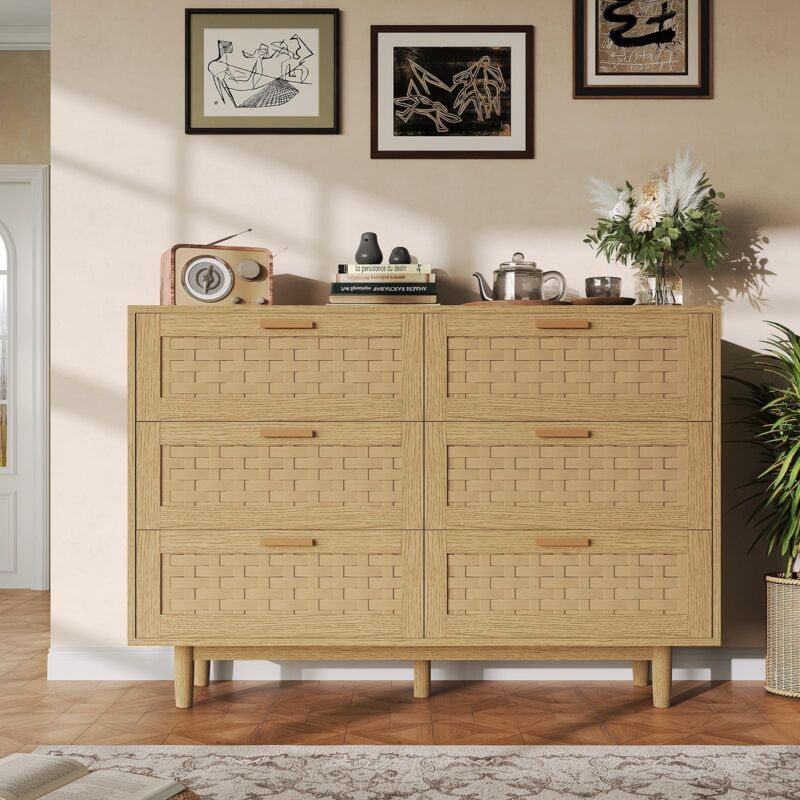 Commode rotin 115 cm, Commode chambre 6 Tiroirs – Finition Bois Naturel, Poignées Métal et Pieds en Bois, Scandinave – Naturel