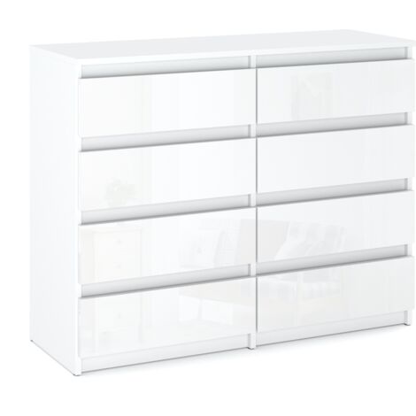 Commode RTV 120 cm – 8 tiroirs – Blanc brillant – Panneau laminé – Design moderne pour rangement optimal