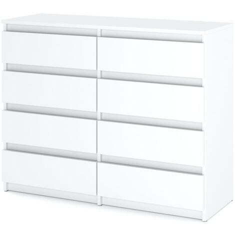 Commode RTV 120 cm – Blanc mat – 8 tiroirs à roulements à billes – Panneau laminé – Pour salon ou chambre
