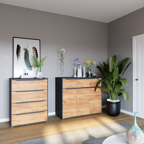 Vicco – Commode Ruben – Chêne doré et anthracite – 80x102x48cm avec 4 tiroirs – Panneau de particules mélaminé