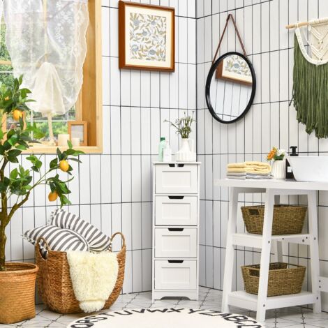 Commode Salle de Bain 4 Tiroirs Meuble Salle de Bain Blanc Meuble de Rangement Kit Anti-renversement Inclus Blanc