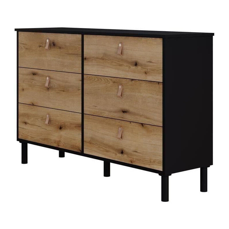 Commode SAMANTHE 6 tiroirs - Décor noir et chene - L 140 x P 40 x H 90 cm