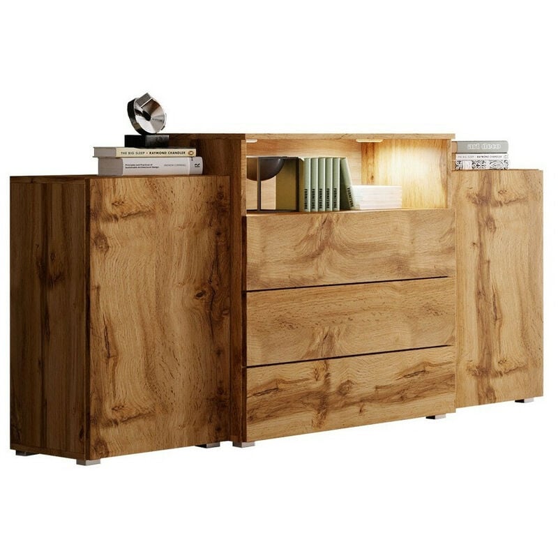 Commode Sarasota 127, Chêne wotan, Avec tiroirs et portes, Nombre de tiroirs: 0, 81x150x39cm, led