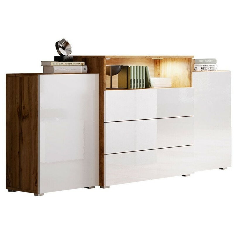 Commode Sarasota 127, Chêne wotan + Blanc brillant, Avec tiroirs et portes, Nombre de tiroirs: 0, 81x150x39cm