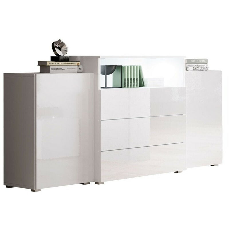 Commode Sarasota 127, Blanc + Blanc brillant, Avec tiroirs et portes, Nombre de tiroirs: 0, 81x150x39cm