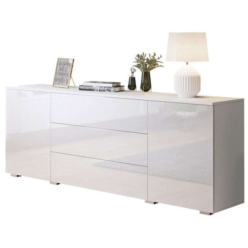 Commode Sarasota 129, Blanc + Blanc brillant, Avec tiroirs et portes, Nombre de tiroirs: 0, 68x150x39cm