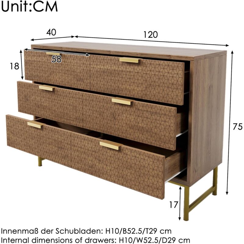 Commode Structurée Relief avec 6 Tiroirs, Commode en Bois pour Chambre à Coucher, Buffet Cuisine, Poignées en Métal Doré, Anti-basculement, pour